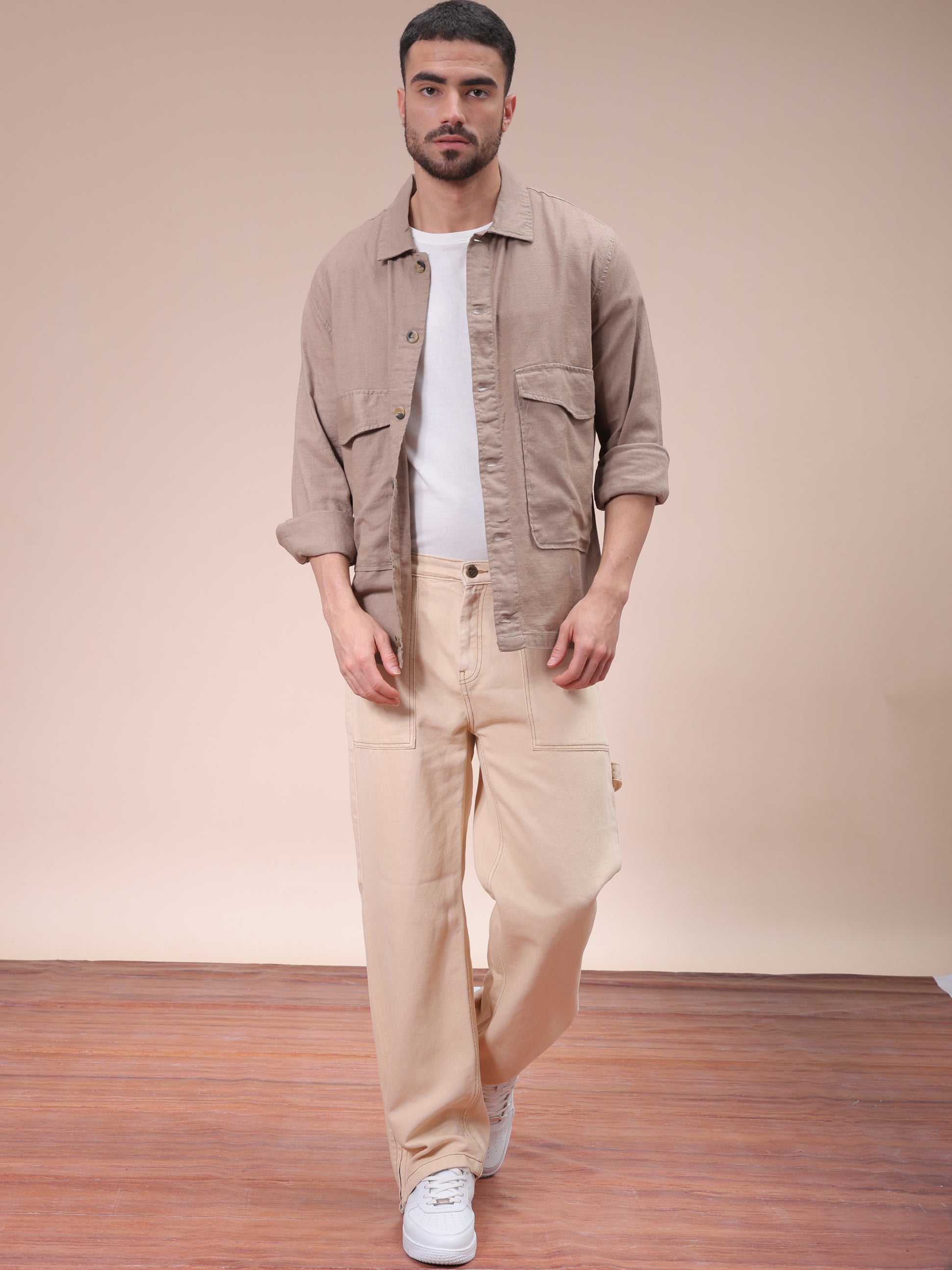 Men's Beige Regular Fit Solid Overshirt