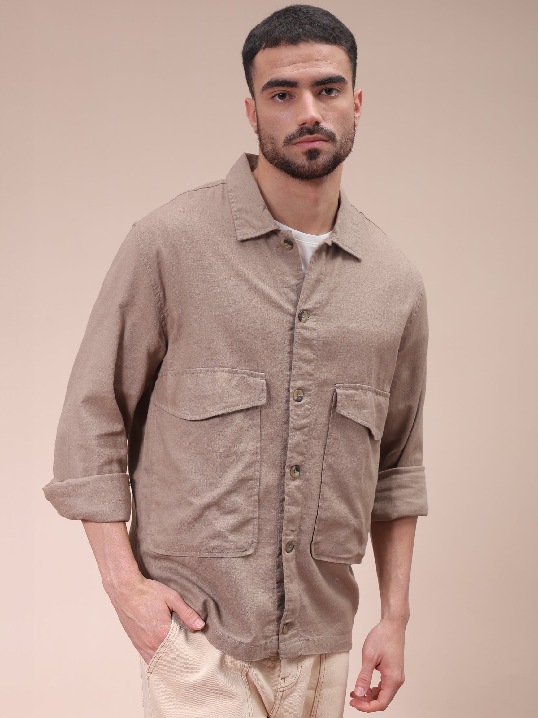 Men's Beige Regular Fit Solid Overshirt