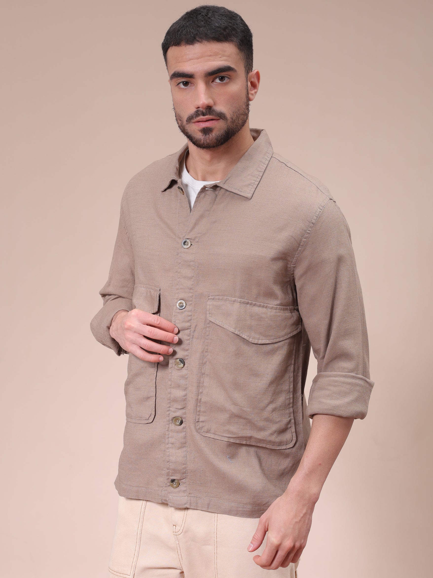 Men's Beige Regular Fit Solid Overshirt