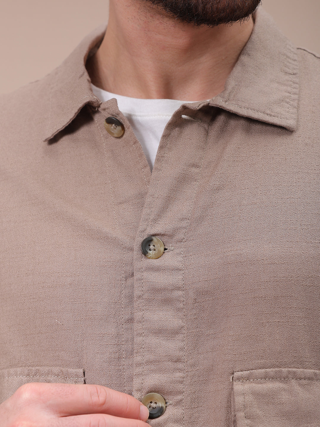 Men's Beige Regular Fit Solid Overshirt