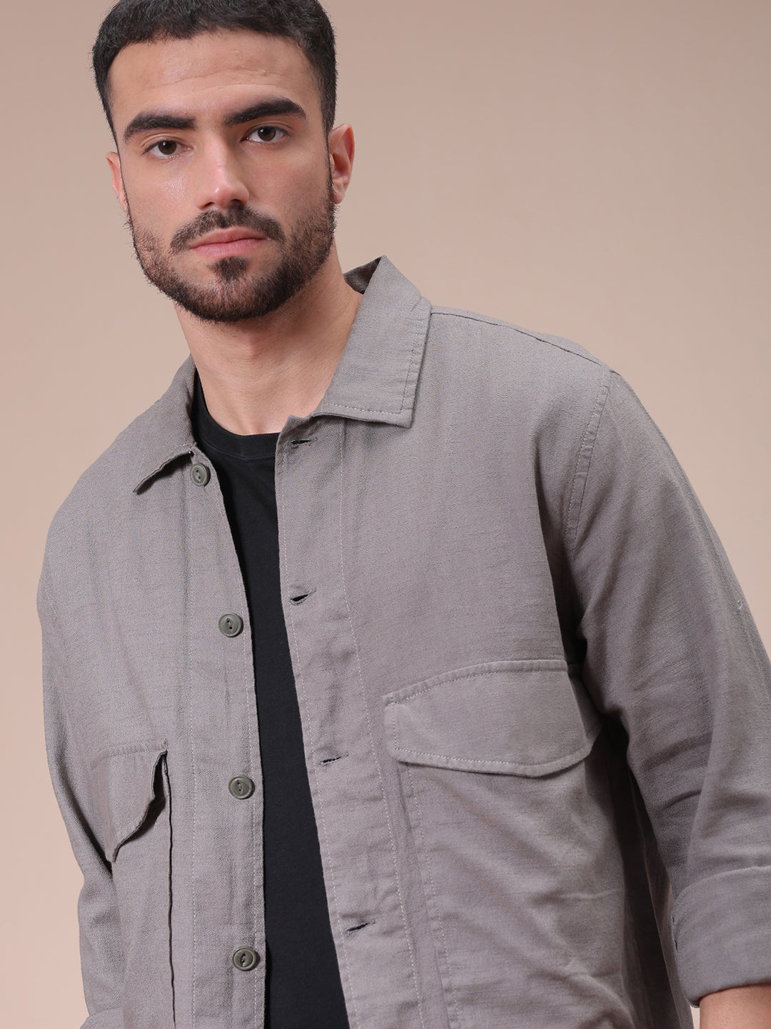 Men's Grey Regular Fit Solid Overshirt