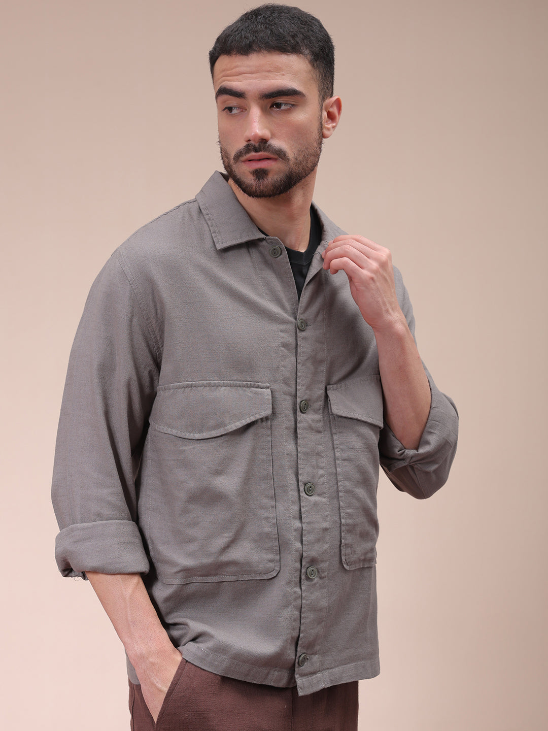 Men's Grey Regular Fit Solid Overshirt