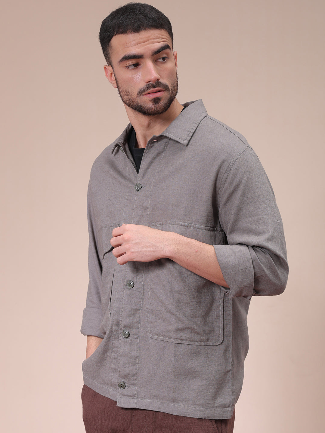 Men's Grey Regular Fit Solid Overshirt