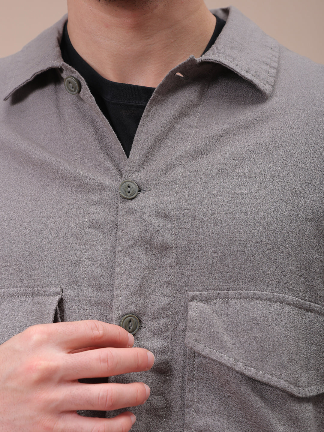 Men's Grey Regular Fit Solid Overshirt