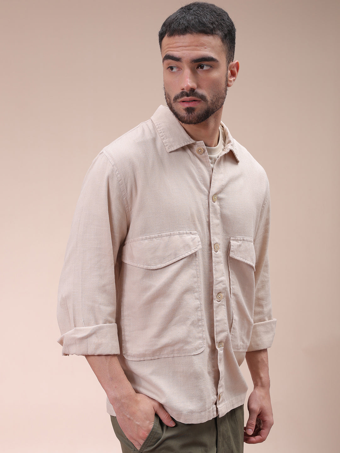 Men's Khaki Regular Fit Solid Overshirt