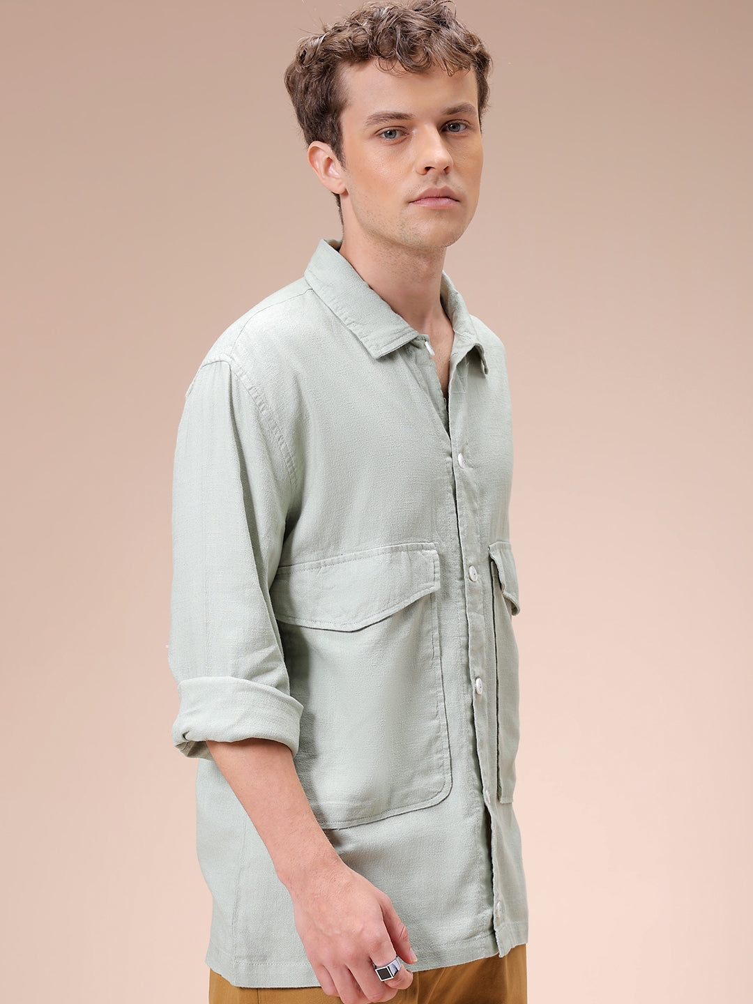 Men's Green Regular Fit Solid Resortwear Shirt