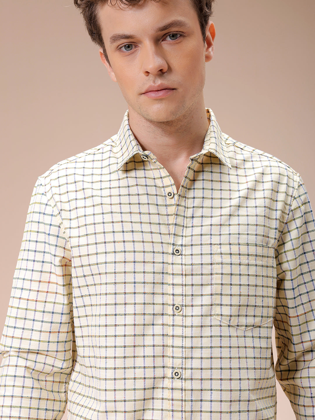 Men's Yellow Slim Fit Checked Casual Shirt