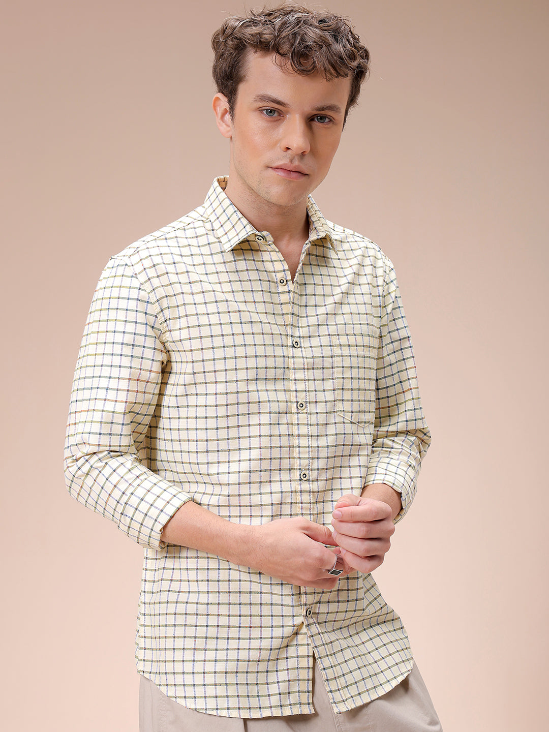 Men's Yellow Slim Fit Checked Casual Shirt