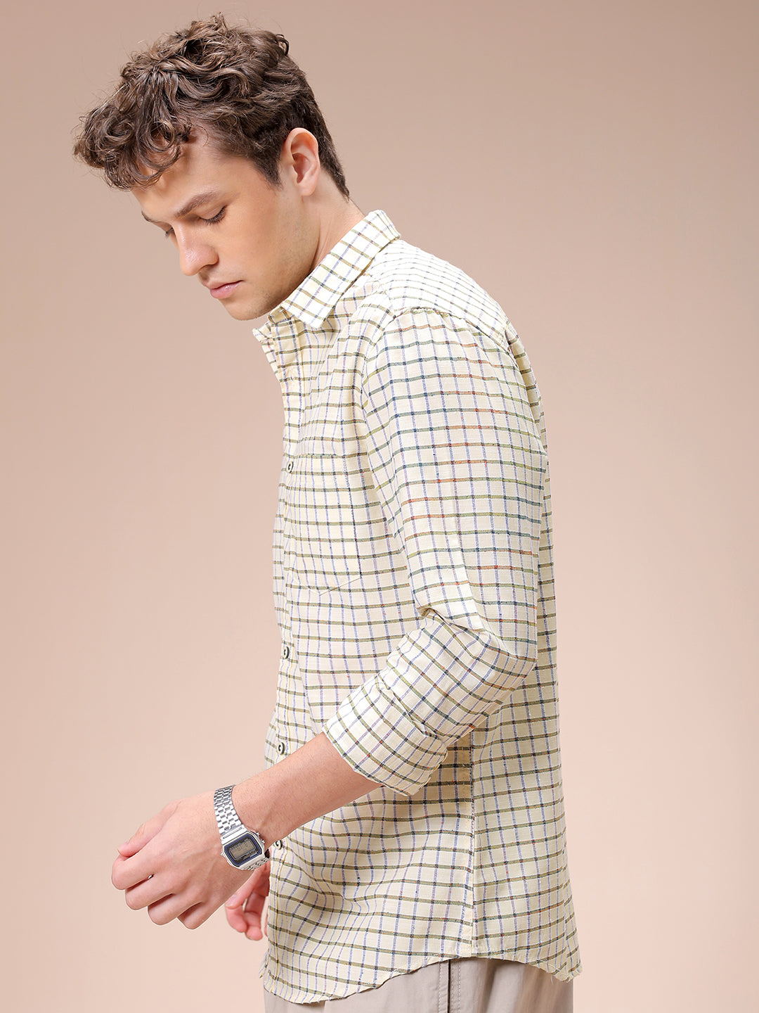 Men's Yellow Slim Fit Checked Casual Shirt