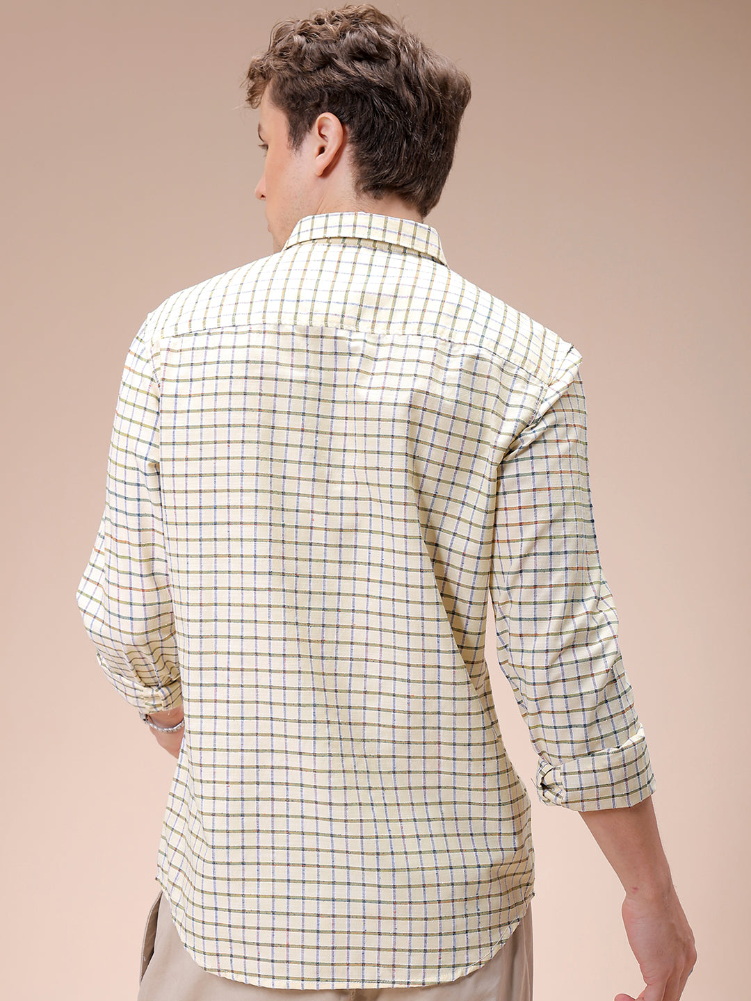 Men's Yellow Slim Fit Checked Casual Shirt