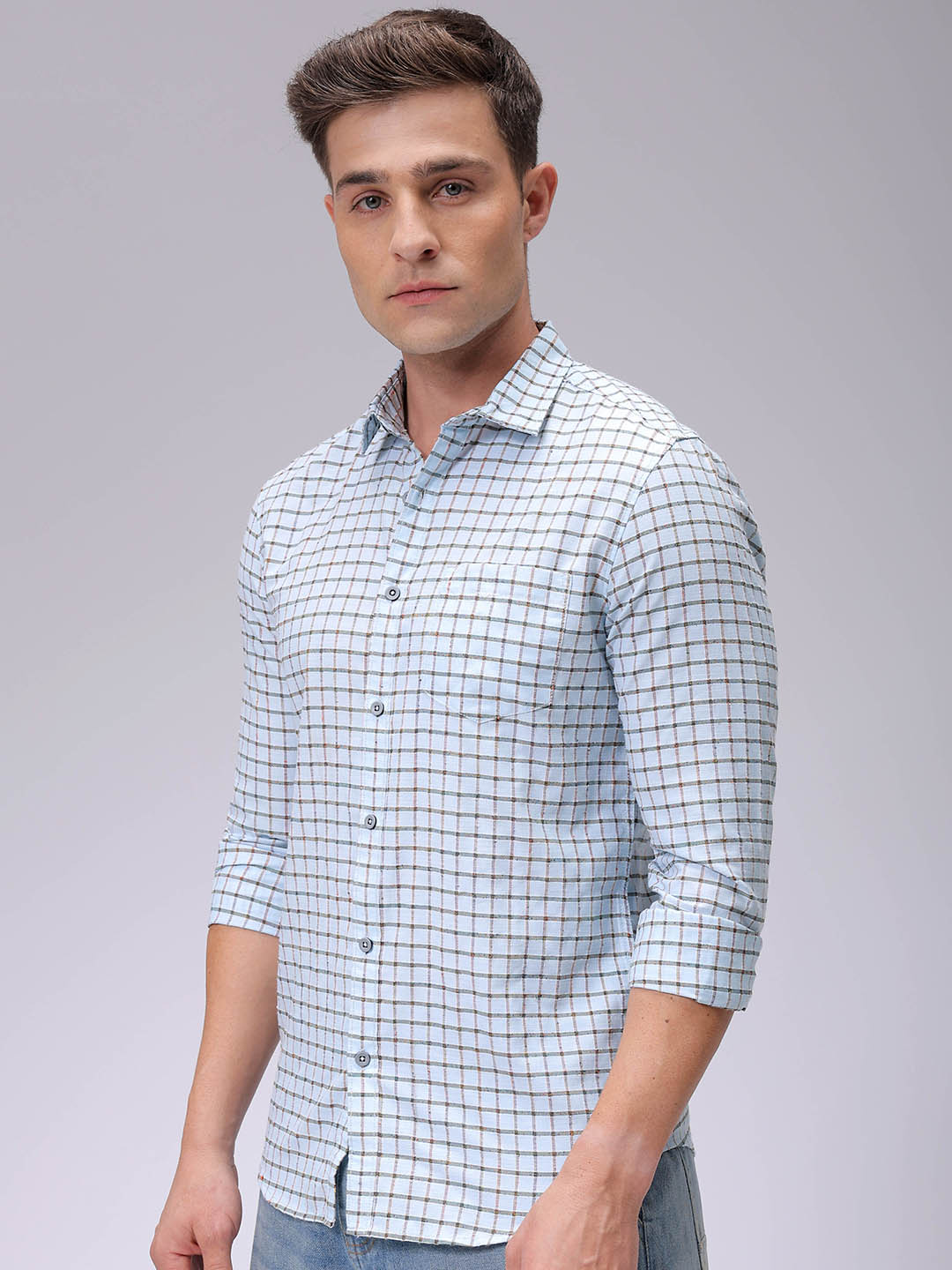 Men's Blue Slim Fit Checked Casual Shirt