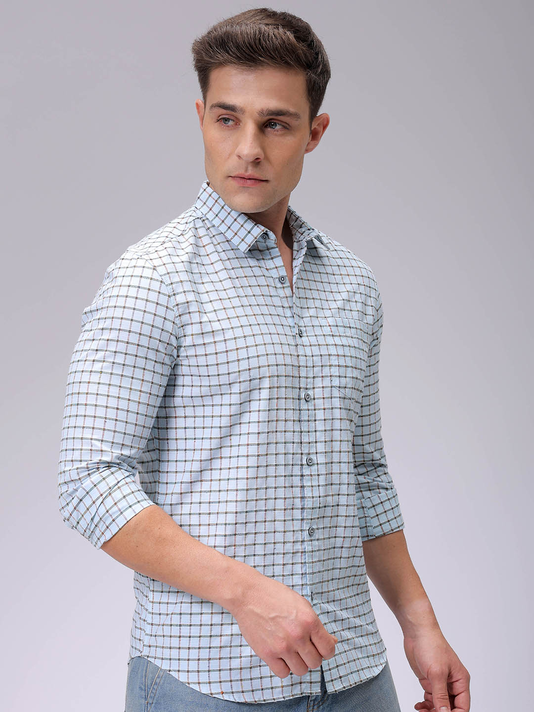 Men's Blue Slim Fit Checked Casual Shirt