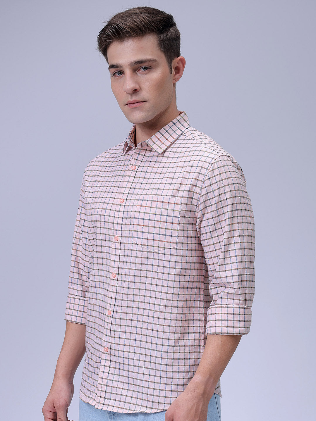 Men's Orange Slim Fit Checked Casual Shirt