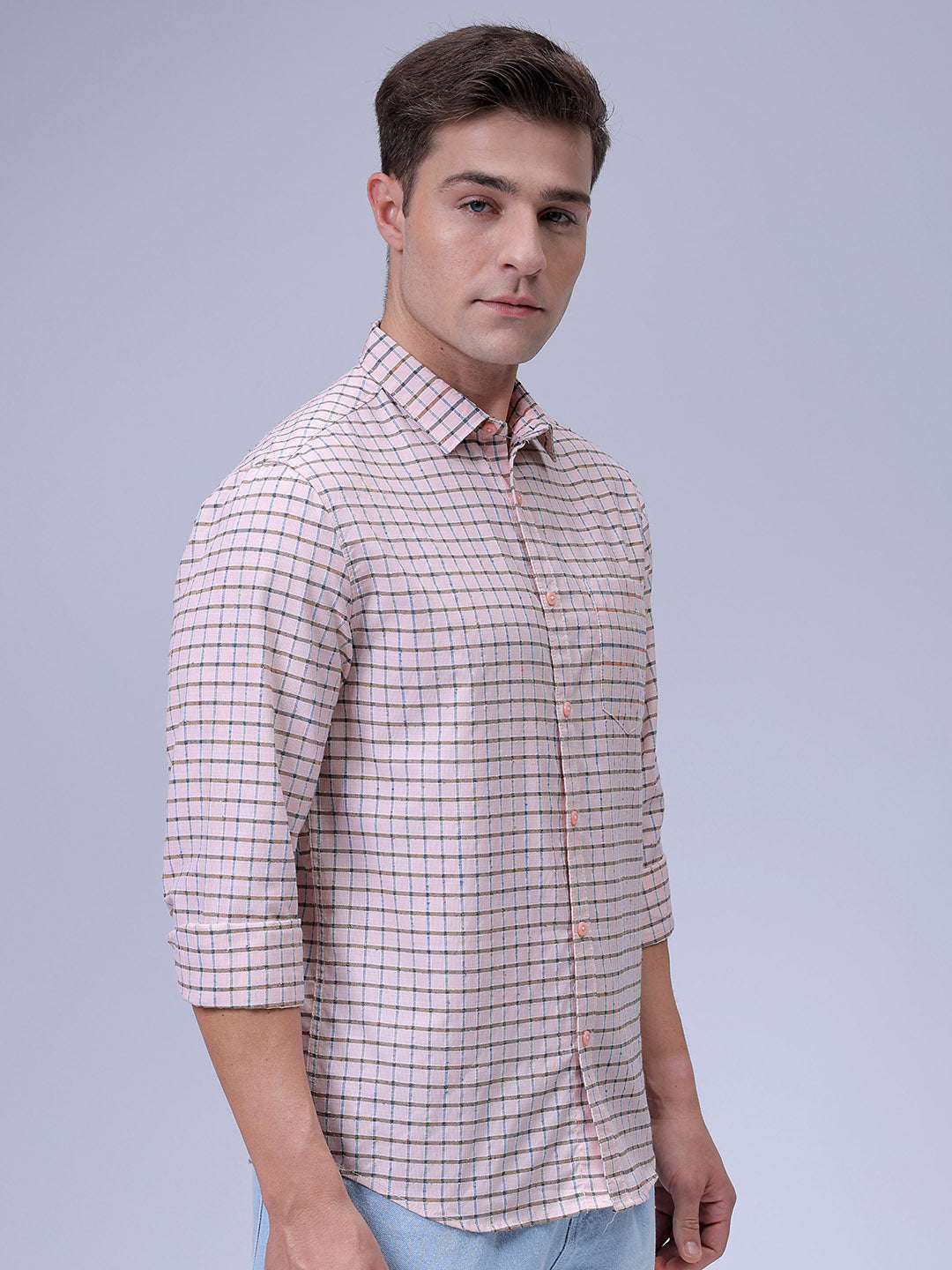 Men's Orange Slim Fit Checked Casual Shirt