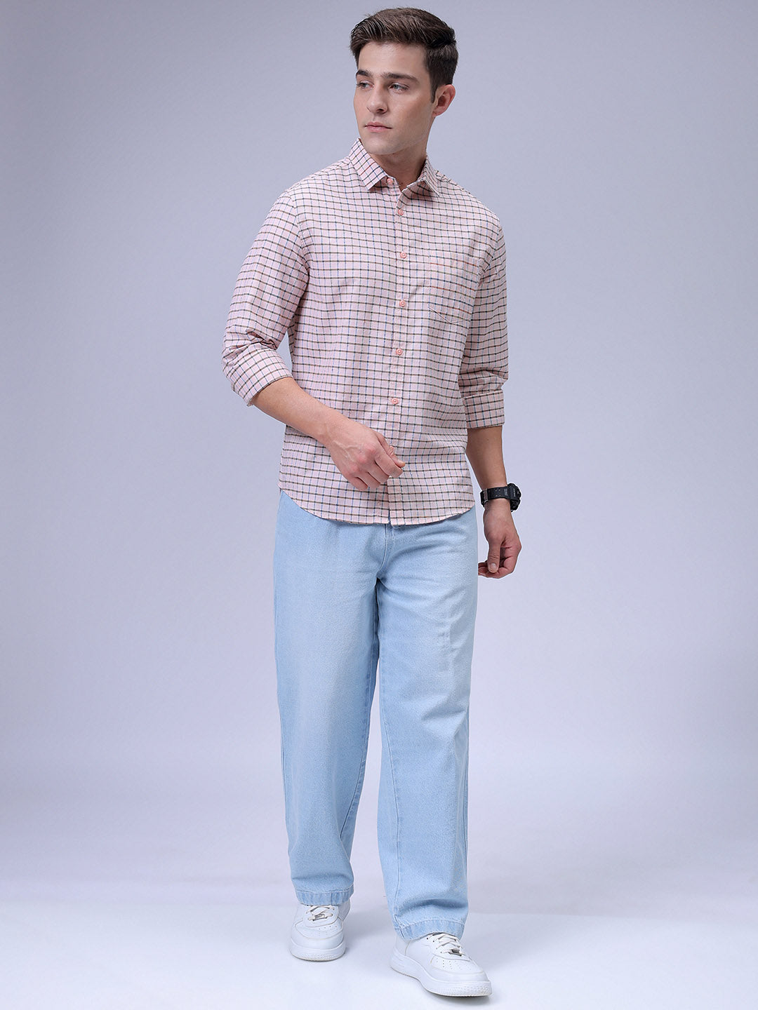 Men's Orange Slim Fit Checked Casual Shirt