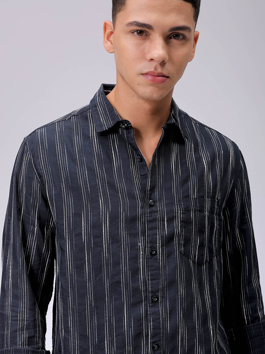 Men's Black Slim Fit Striped Casual Shirt