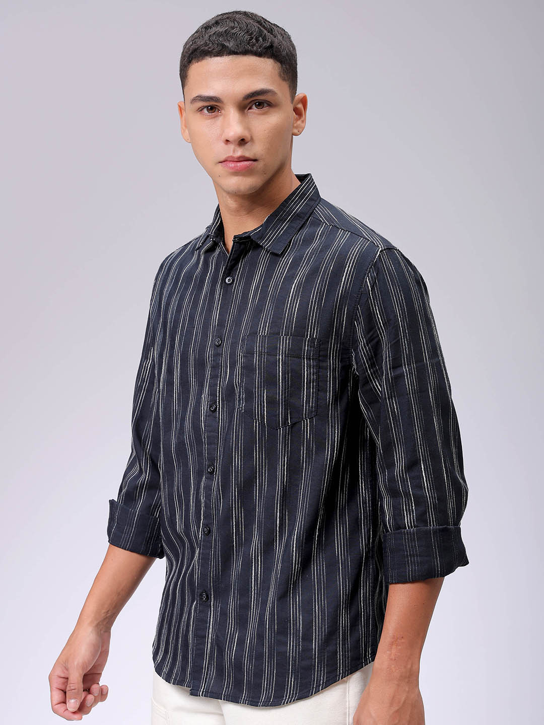 Men's Black Slim Fit Striped Casual Shirt