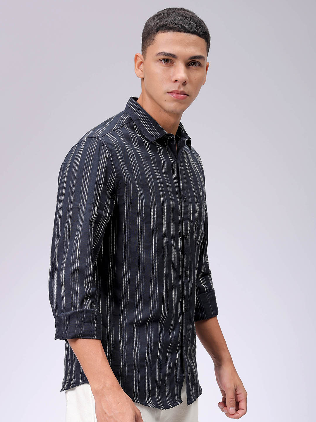 Men's Black Slim Fit Striped Casual Shirt