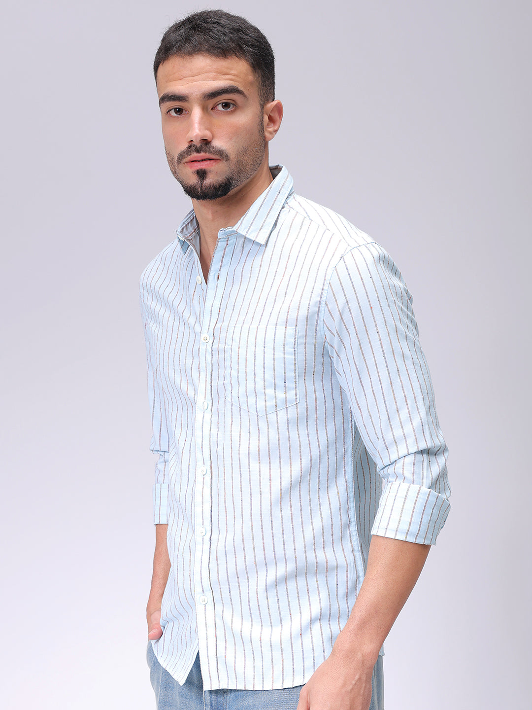 Men's Blue Slim Fit Striped Casual Shirt