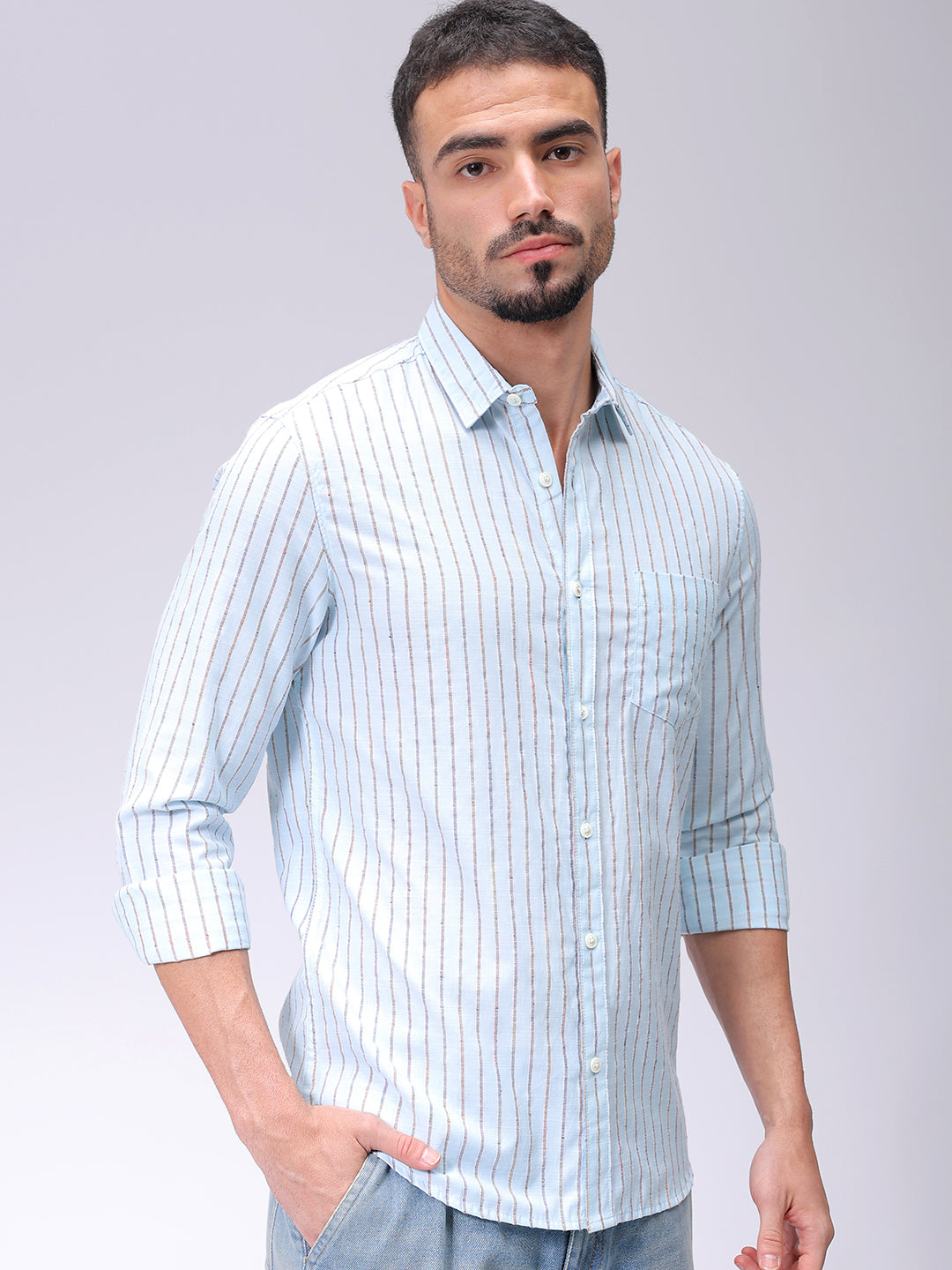 Men's Blue Slim Fit Striped Casual Shirt