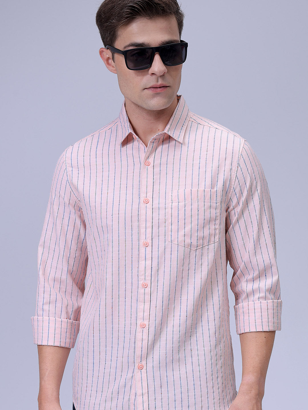 Men's Orange Slim Fit Striped Casual Shirt