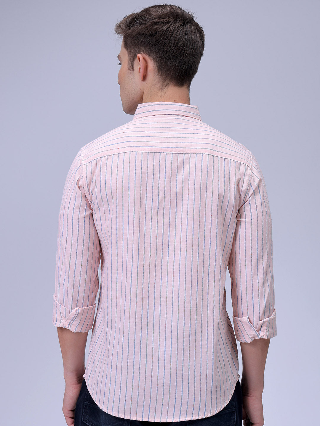 Men's Orange Slim Fit Striped Casual Shirt