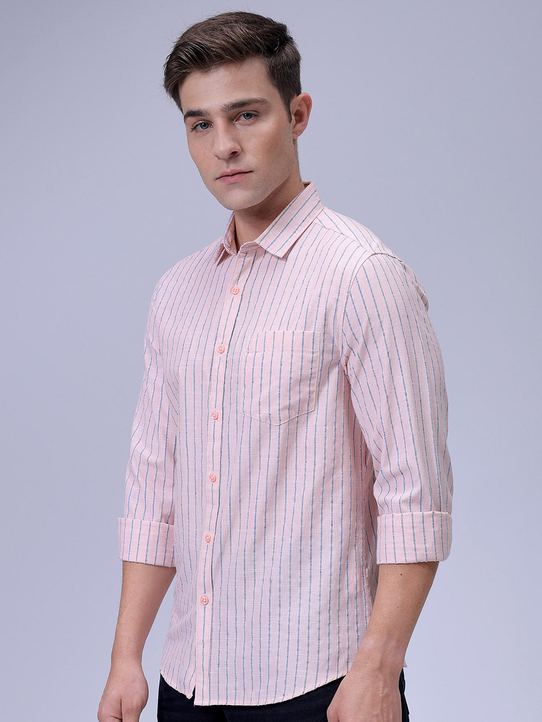 Men's Orange Slim Fit Striped Casual Shirt