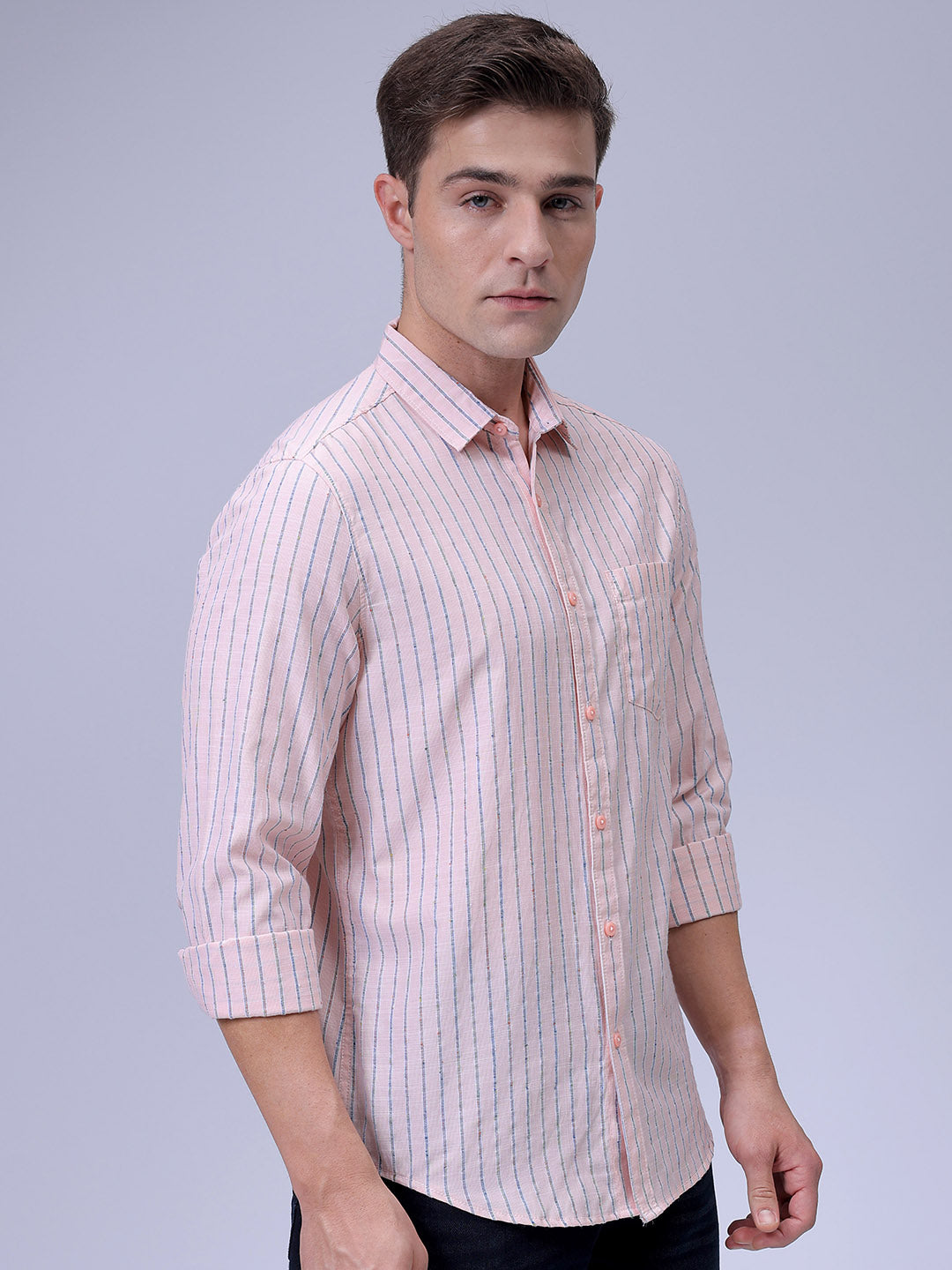 Men's Orange Slim Fit Striped Casual Shirt
