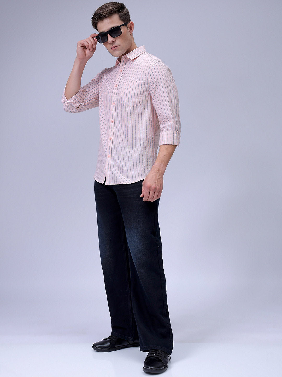 Men's Orange Slim Fit Striped Casual Shirt