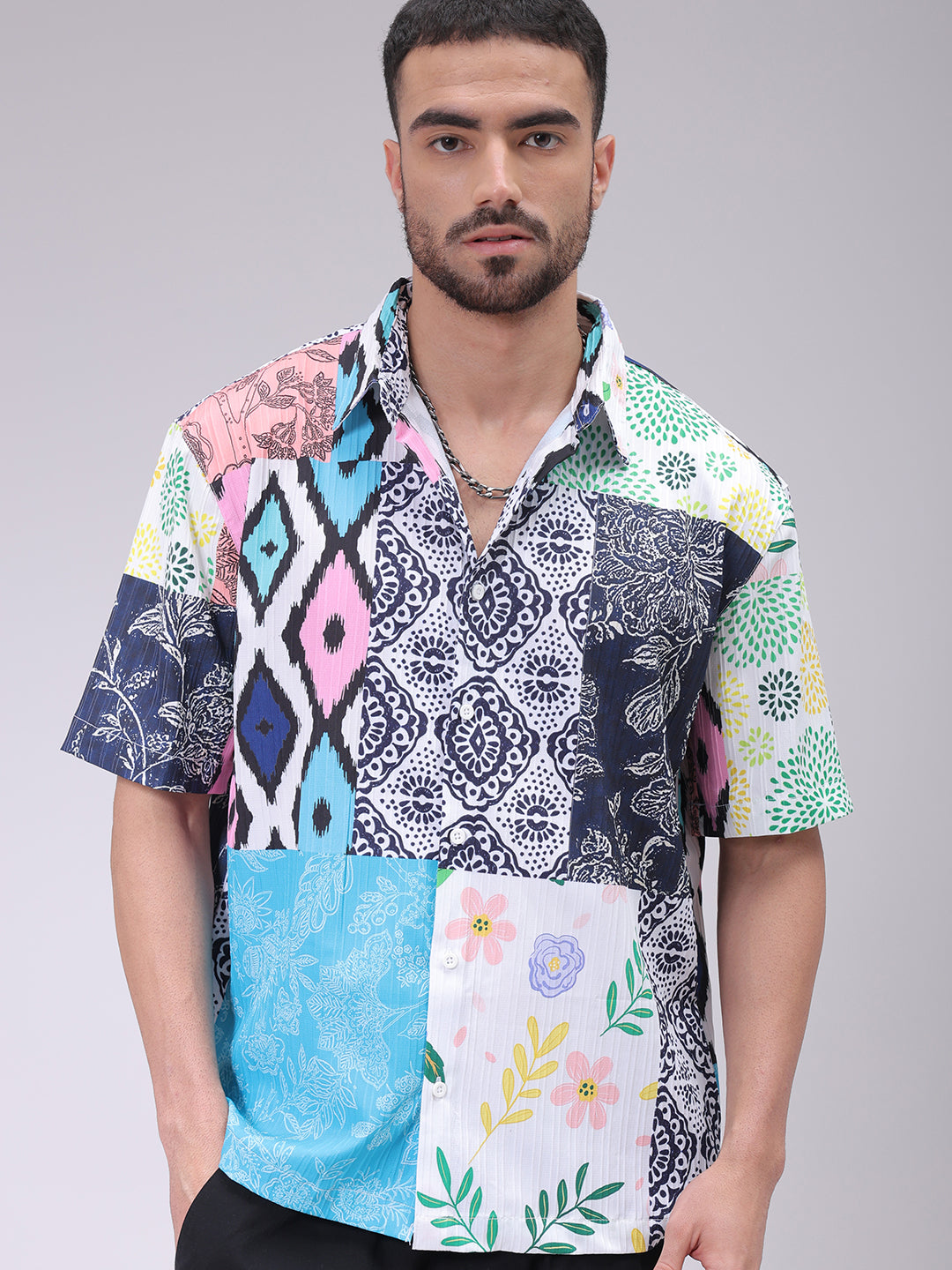 Men's Multicolor Boxy Fit Patched Shirt