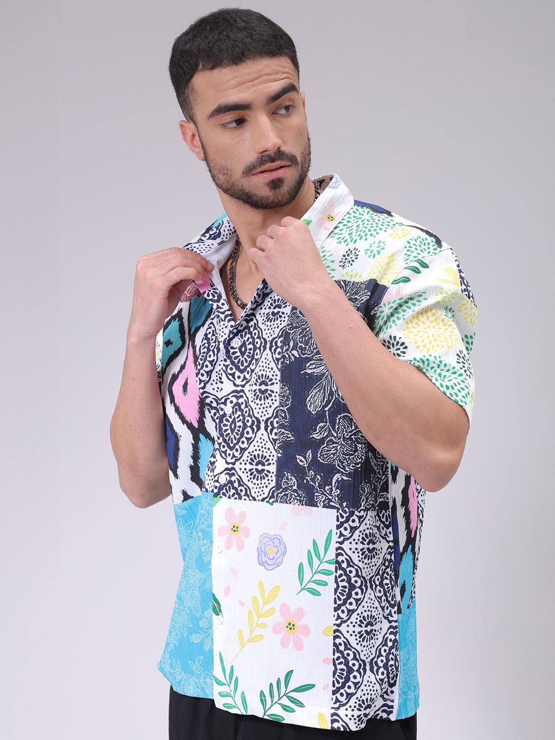 Men's Multicolor Boxy Fit Patched Shirt