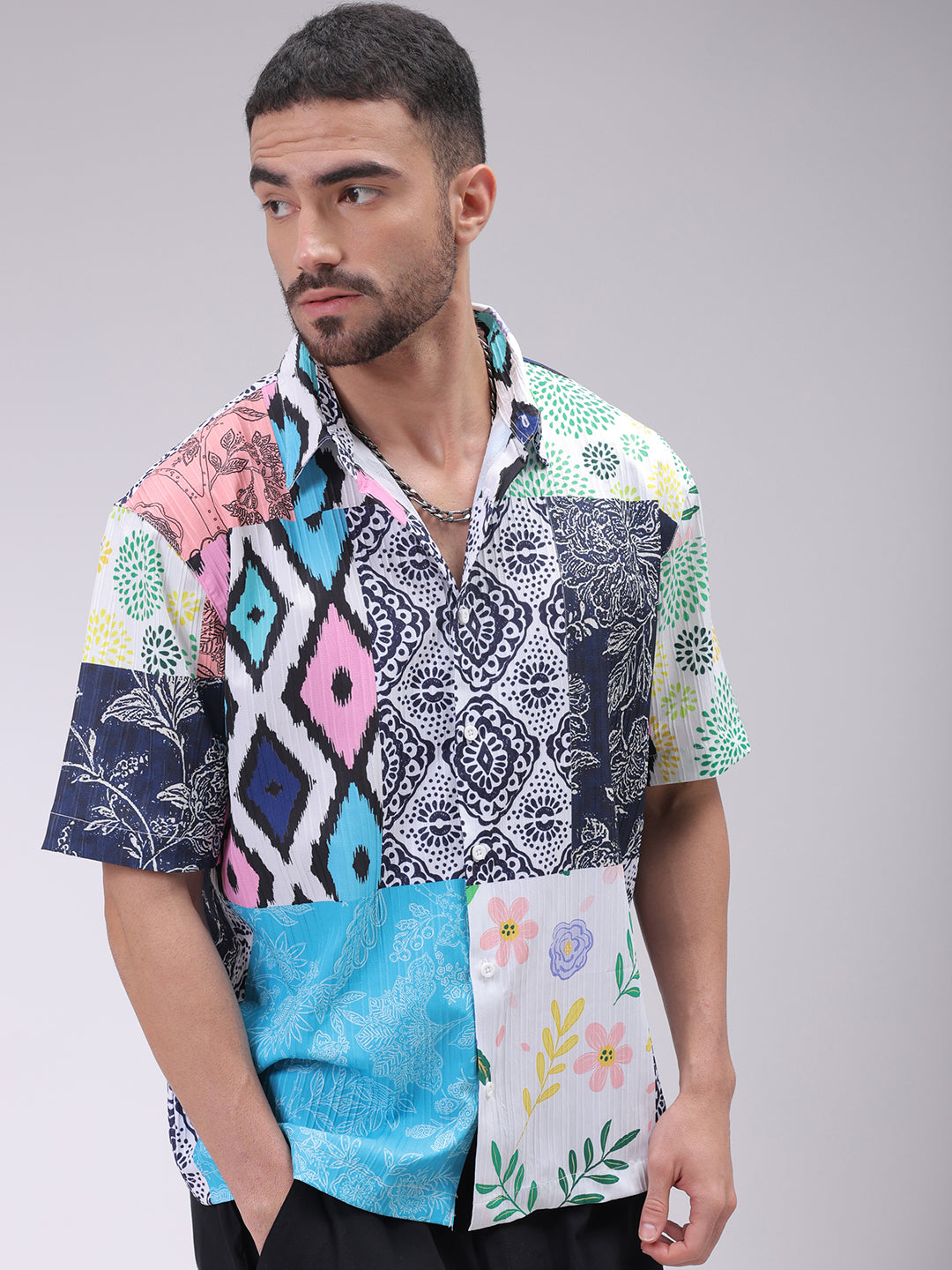 Men's Multicolor Boxy Fit Patched Shirt