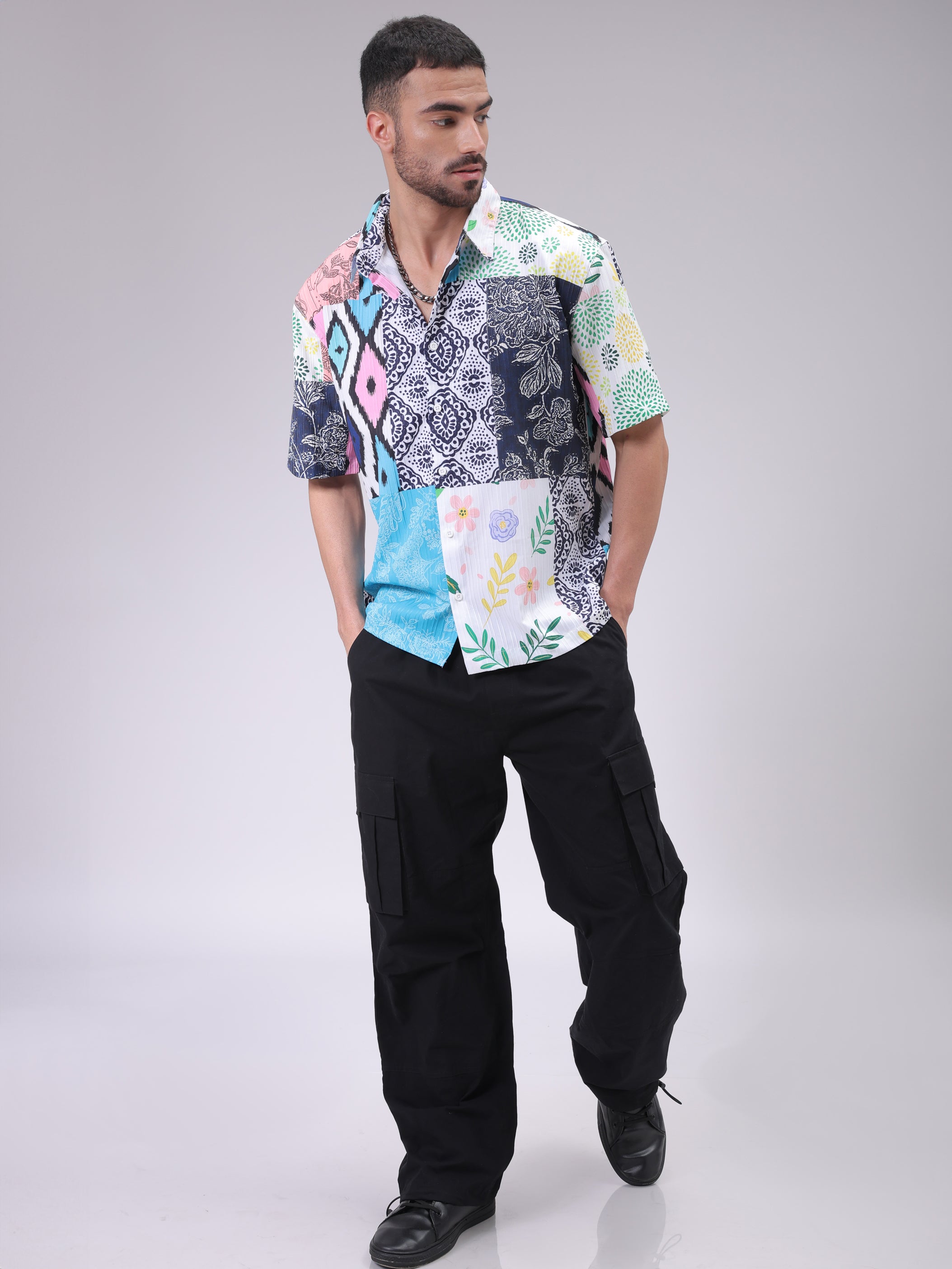 Men's Multicolor Boxy Fit Patched Shirt