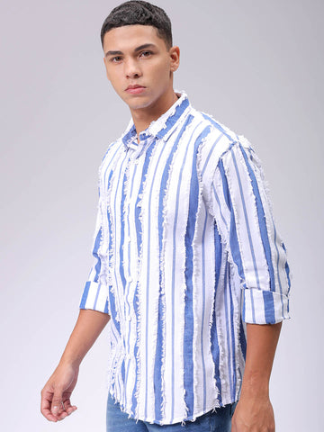 Men's Blue Relaxed Fit Striped Resortwear Shirt