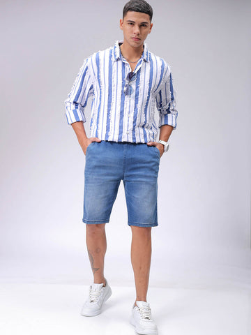 Men's Blue Relaxed Fit Striped Resortwear Shirt