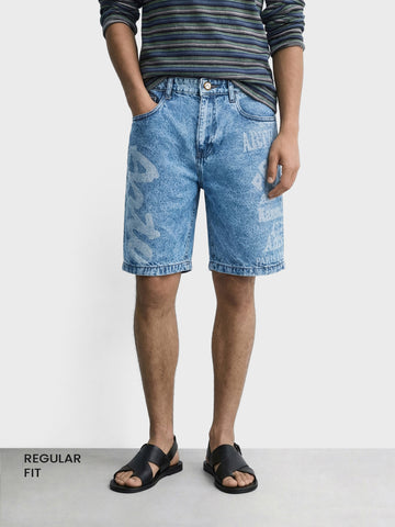 Men's Blue Regular Fit Printed Retro Wear Shorts