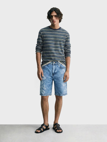 Men's Blue Regular Fit Printed Retro Wear Shorts