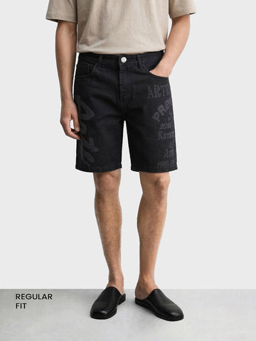 Men's Black Regular Fit Printed Retro Wear Shorts