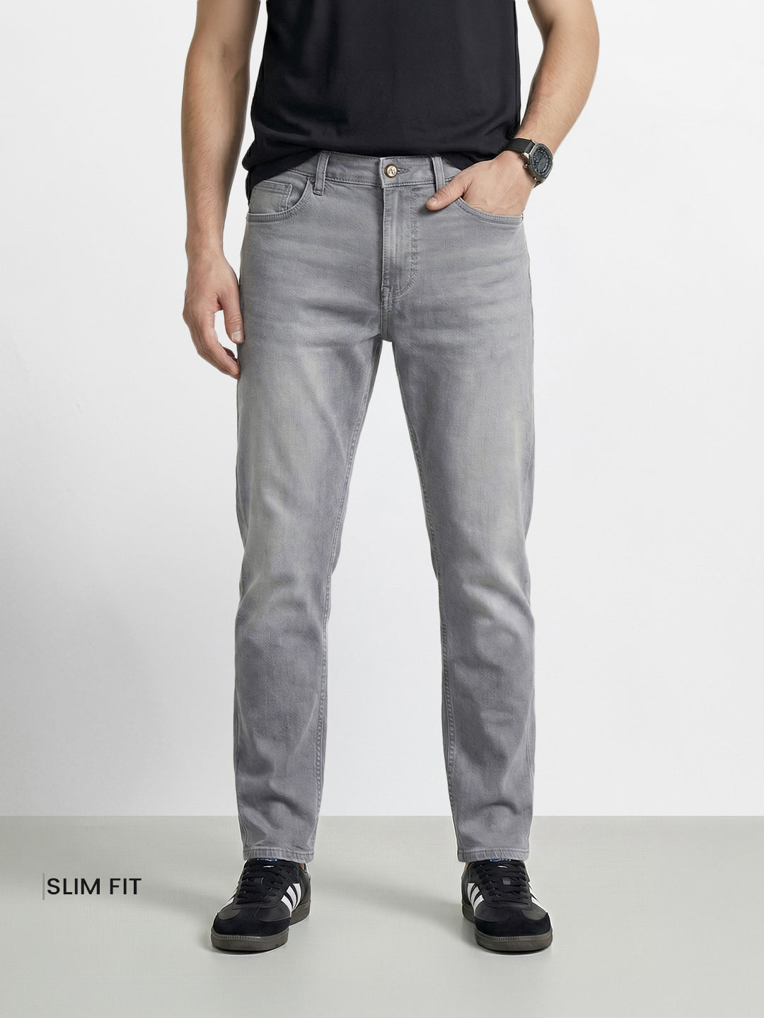 Men's Grey Slim Fit Solid Casual Jeans