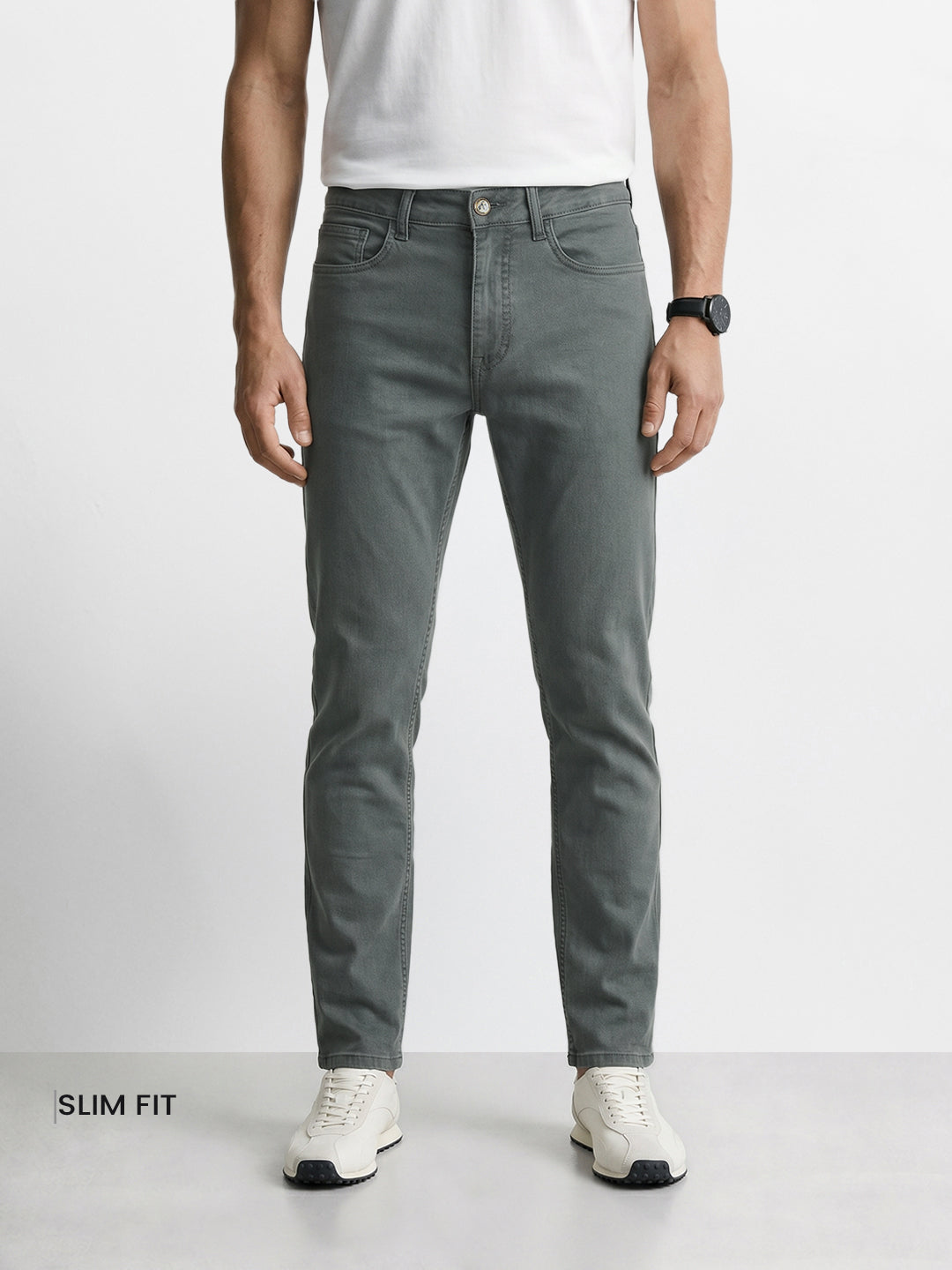 Men's Olive Slim Fit Solid Casual Jeans