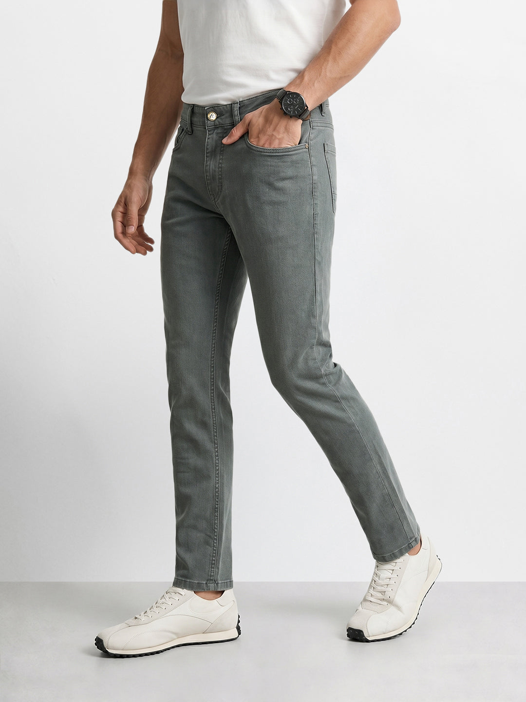Men's Olive Slim Fit Solid Casual Jeans