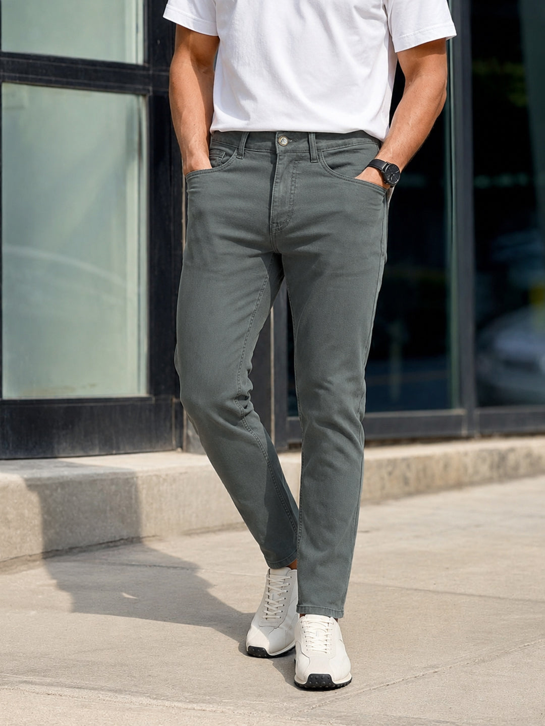 Men's Olive Slim Fit Solid Casual Jeans