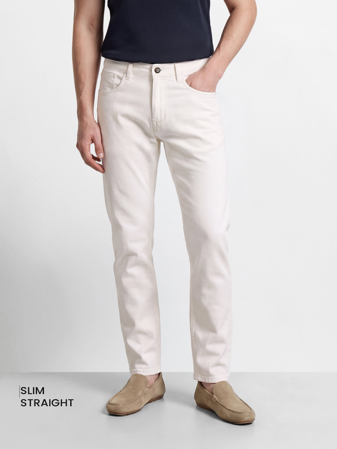 Men's White Slim Fit Solid Casual Jeans