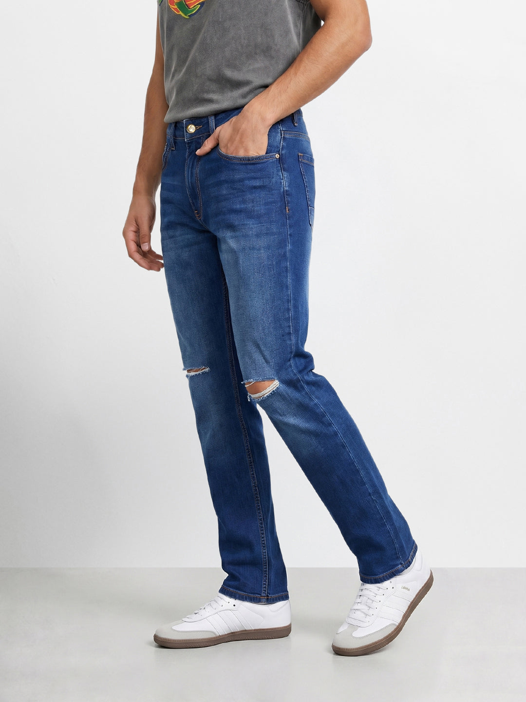 Men's Blue Slim Straight Fit Solid Casual Jeans