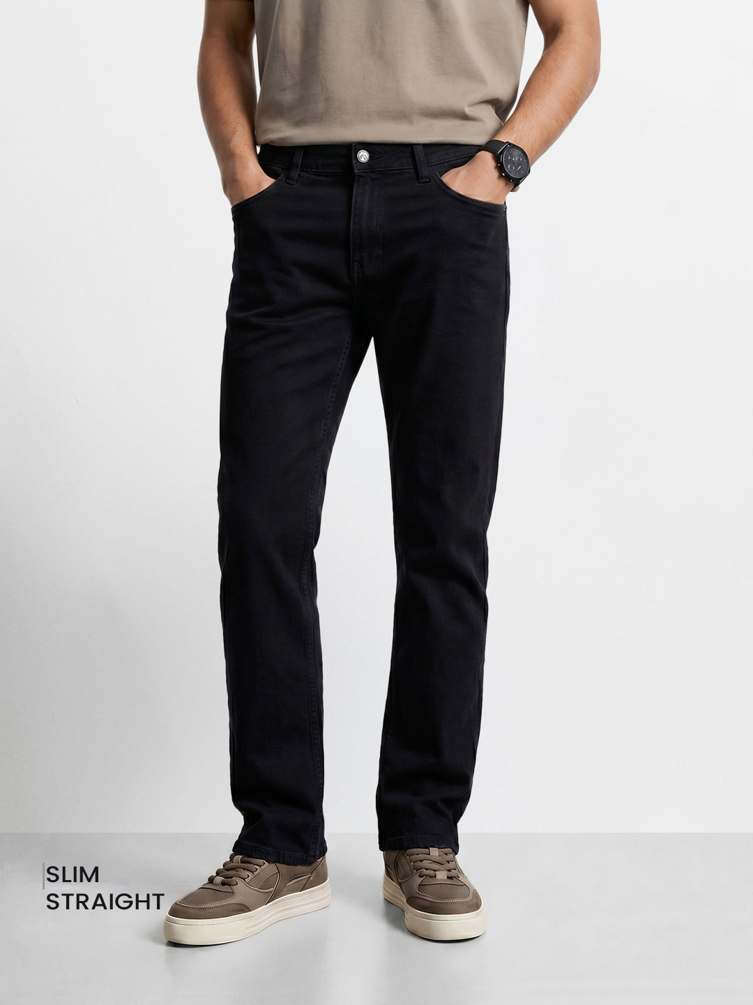 Men's Black Slim Straight Fit Solid Casual Jeans