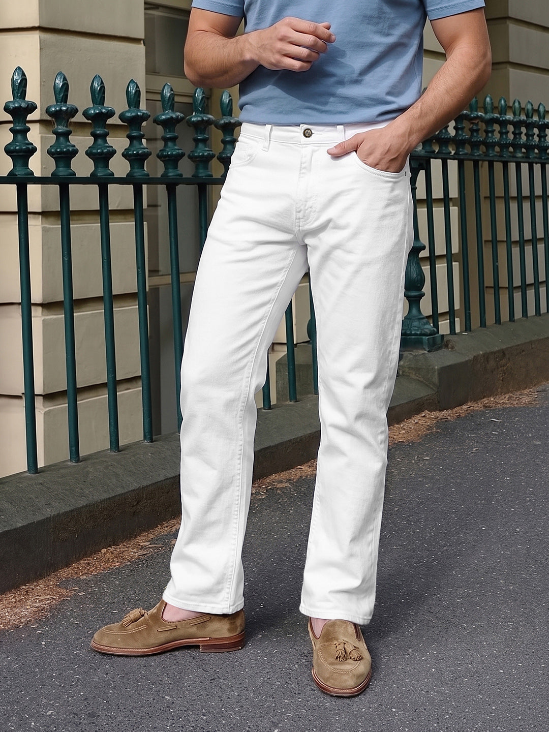 Men's White Bootcut Fit Solid Casual Jeans