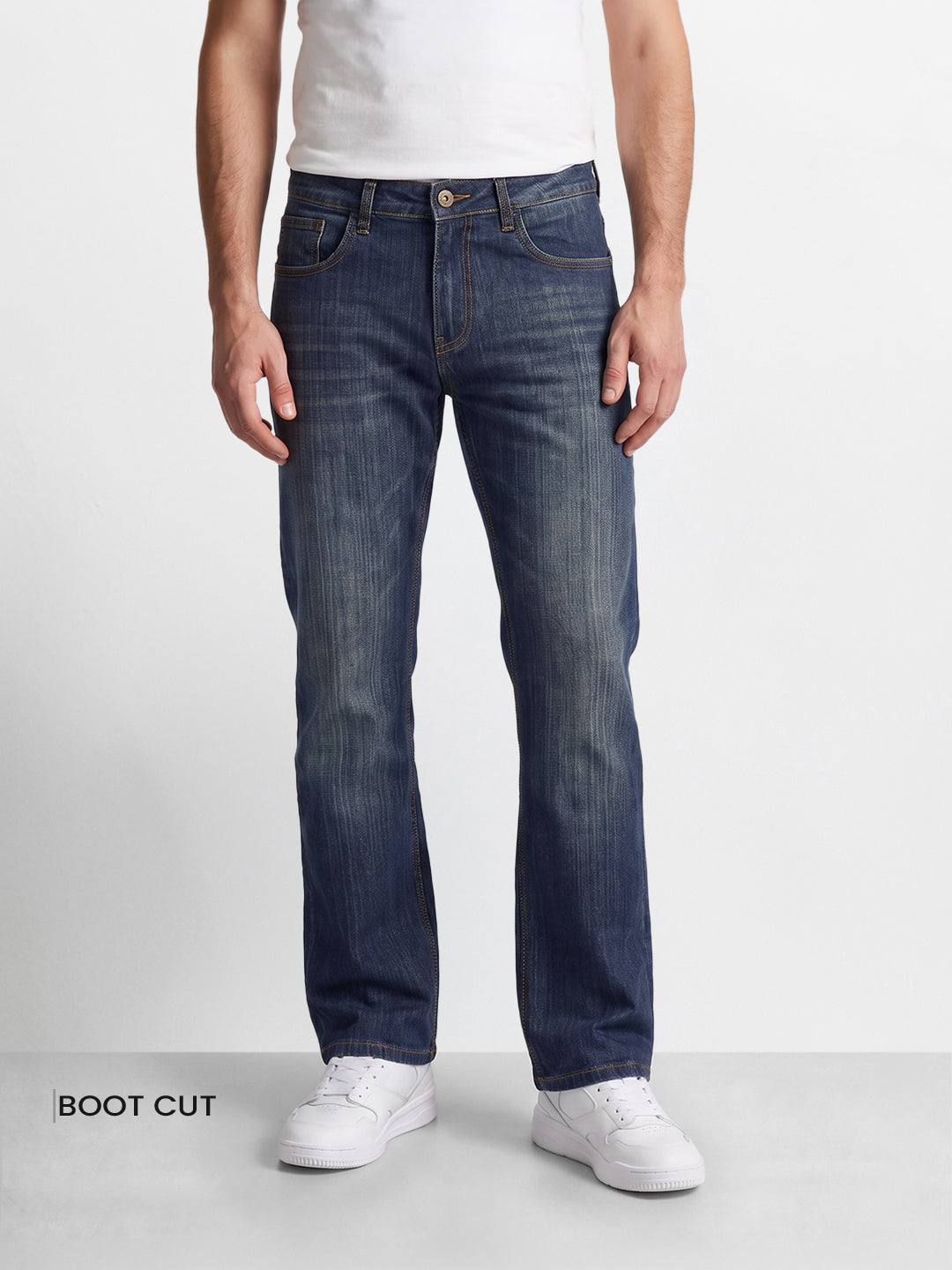 Men's Navy Blue Bootcut Fit Solid Casual Jeans