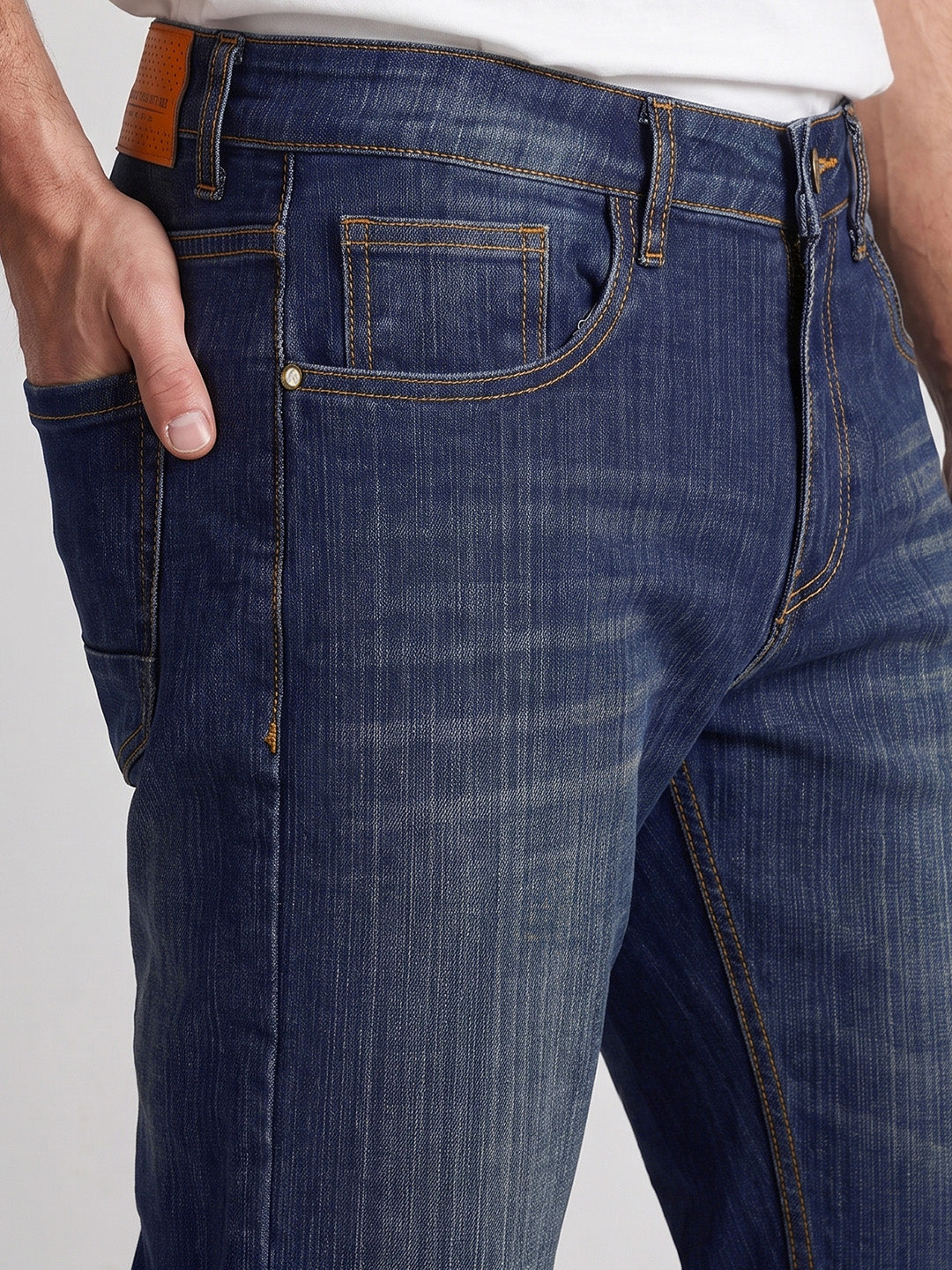 Men's Navy Blue Bootcut Fit Solid Casual Jeans