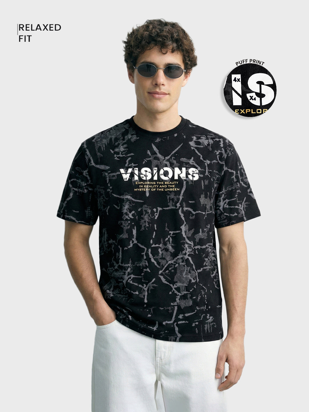 Men's Black Relaxed Fit Printed Casual T-Shirts
