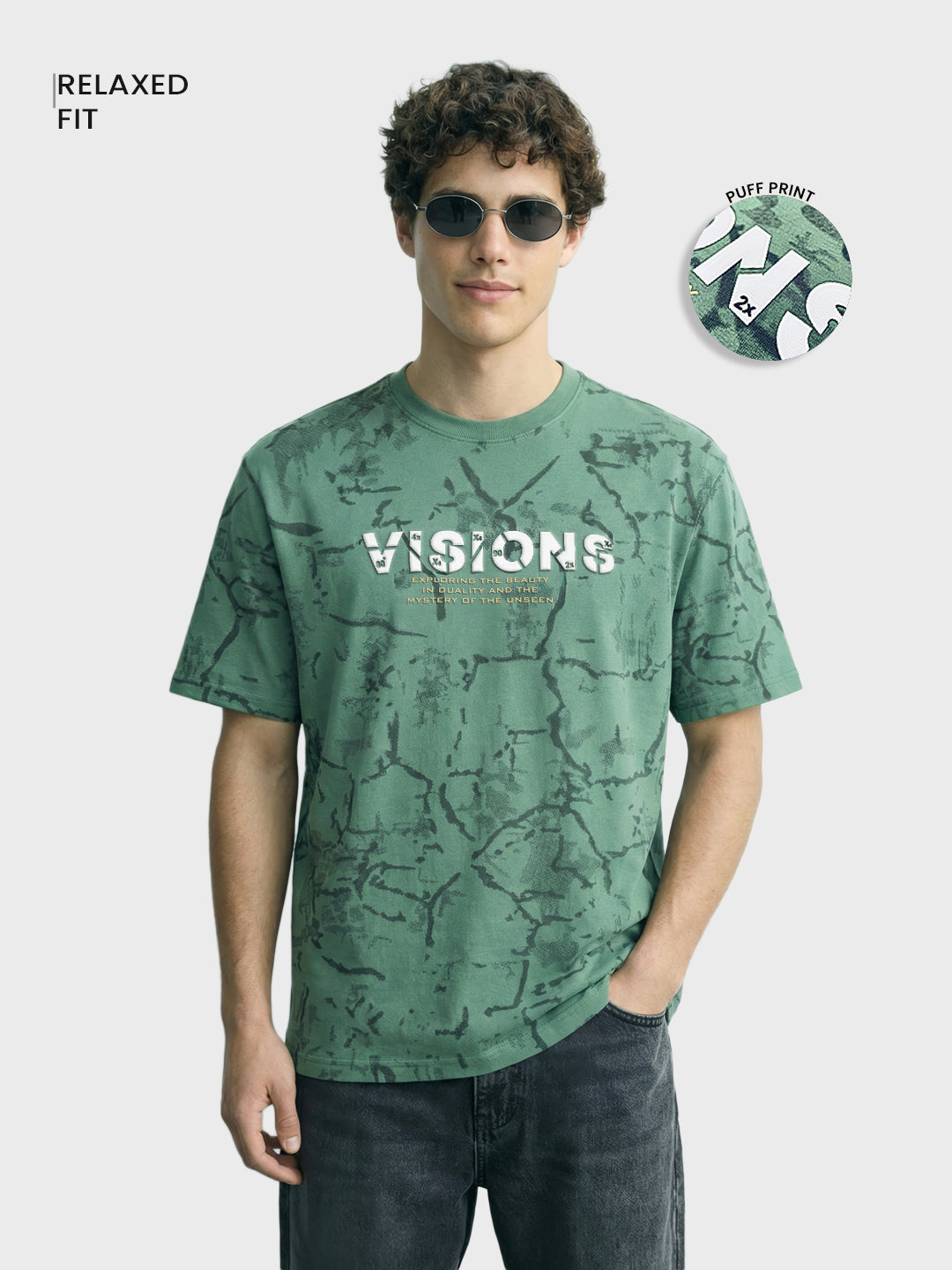 Men's Green Relaxed Fit Printed Casual T-Shirts